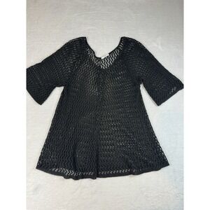 Open Weave Crocheted Size L BLACK Cover Up Swim Whimsical Boho Bell Sleeve